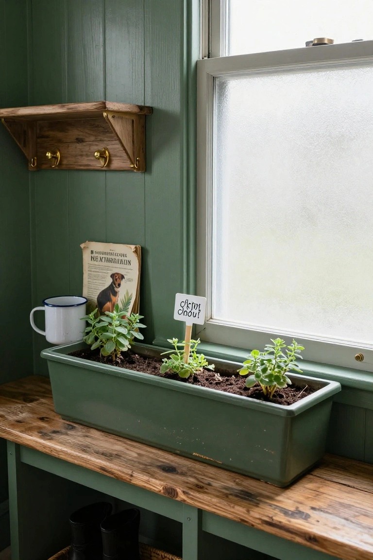 Green rectangular planter with three herb plants including labeled oregano on a wooden bench by a frosted window in a green paneled room, wooden wall shelf with hooks above, blue-rimmed mug, vintage poster with dog image nearby, and black boots in a basket below.