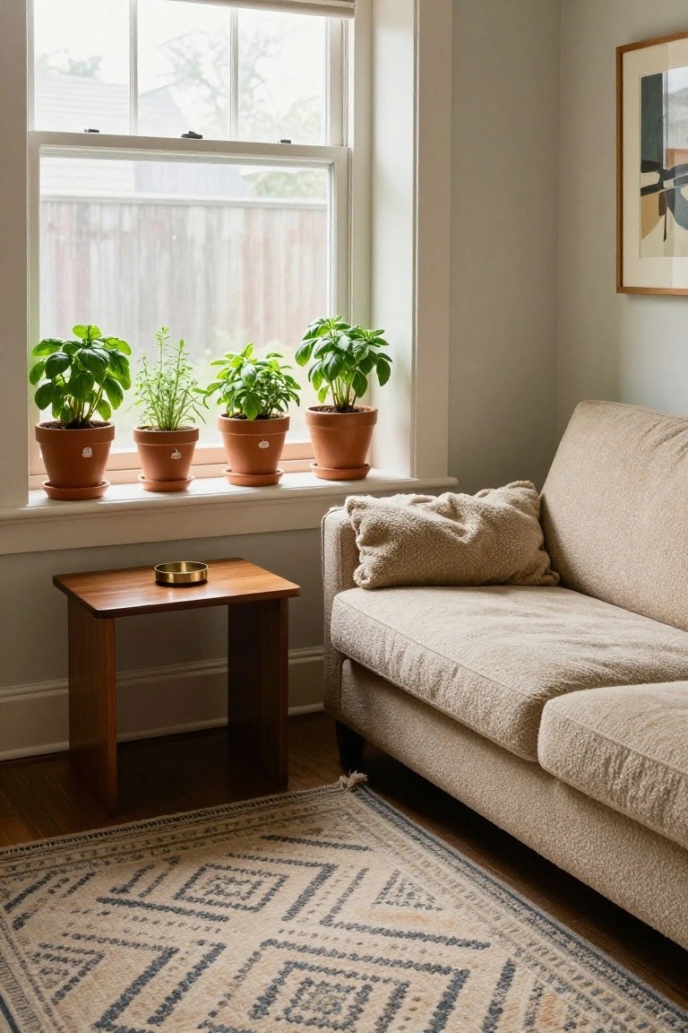 Windowsill lined with four terracotta pots of basil and herb plants above a beige sofa next to a wooden side table in a light gray room with a patterned rug.
