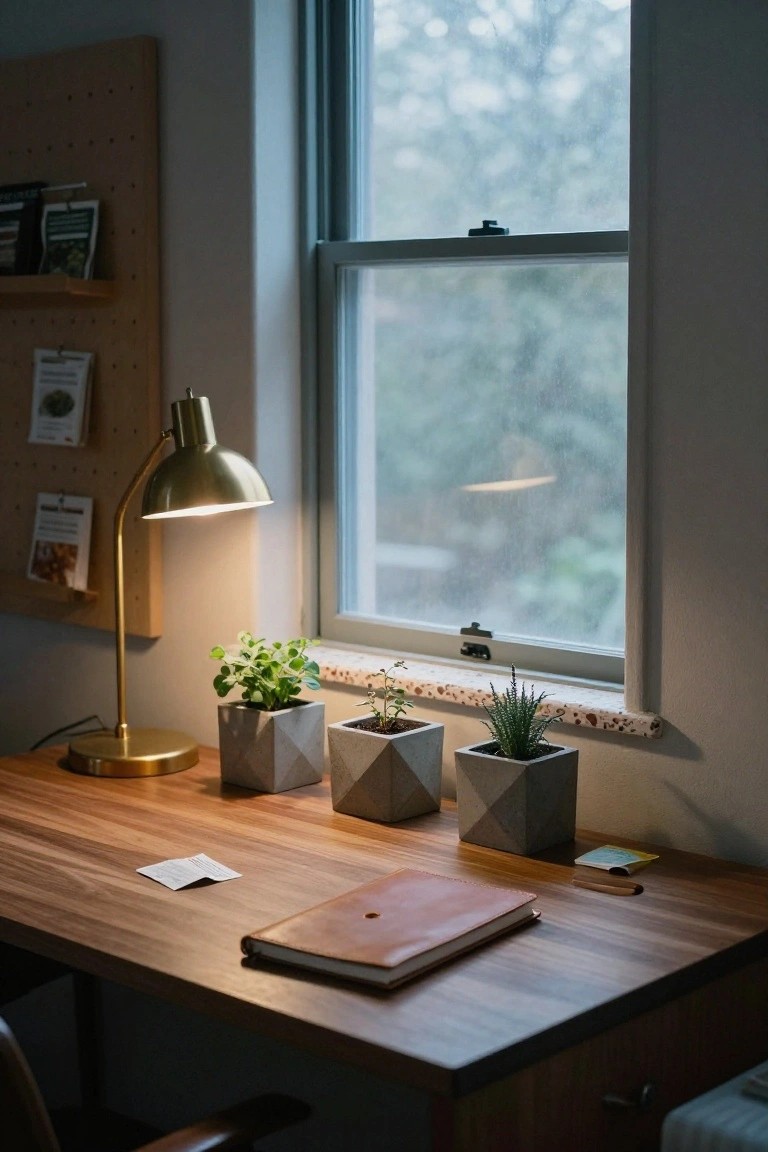Wooden desk with leather notebook, gold desk lamp, and three geometric concrete pots containing small plants on the windowsill next to a rainy window in an indoor office space.