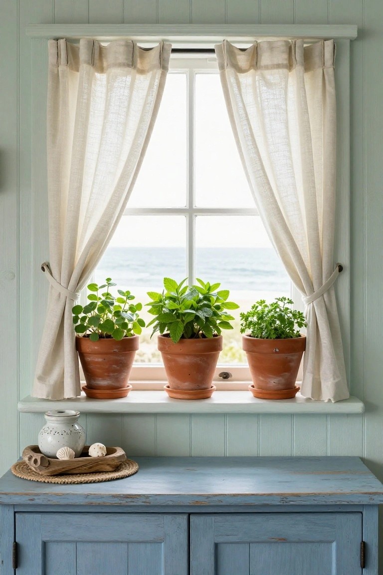Windowsill lined with three terracotta pots of green herbs including mint, basil, and parsley, flanked by tied-back white linen curtains framing an ocean view, above a blue painted cabinet holding a white jar, shells, and a woven tray.