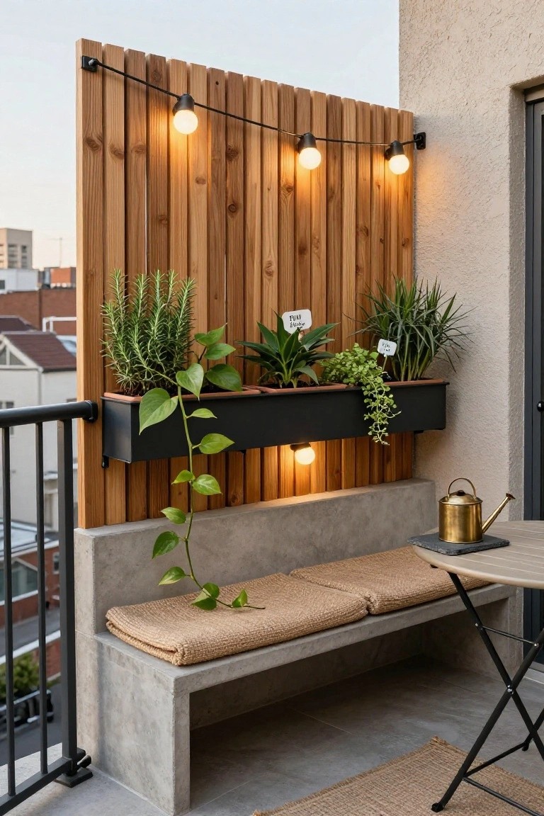 A balcony featuring a slatted wooden privacy screen with string lights, a black rectangular planter mounted on the metal railing filled with trailing green plants, a concrete bench with cushions, a small folding table, and a watering can.