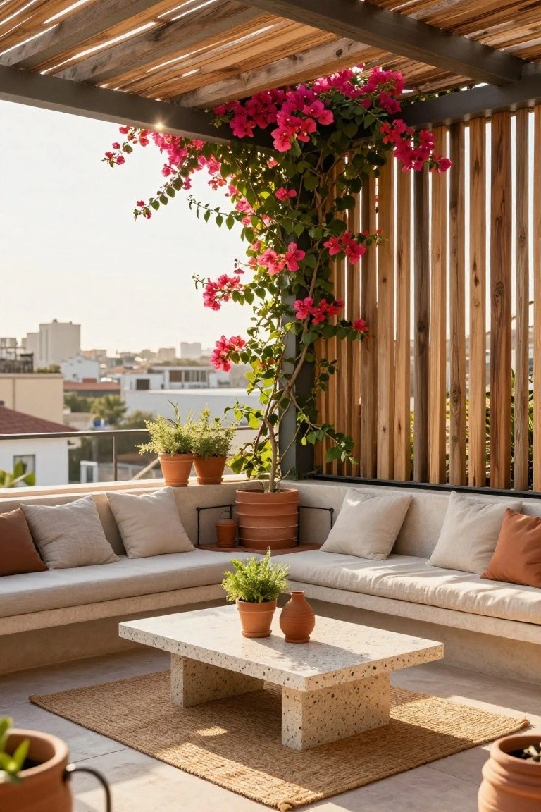 Balcony terrace with L-shaped beige sofa, white terrazzo coffee table on seagrass rug, terracotta pots with plants, pink bougainvillea climbing vertical wooden slat screens, city buildings in background at sunset.