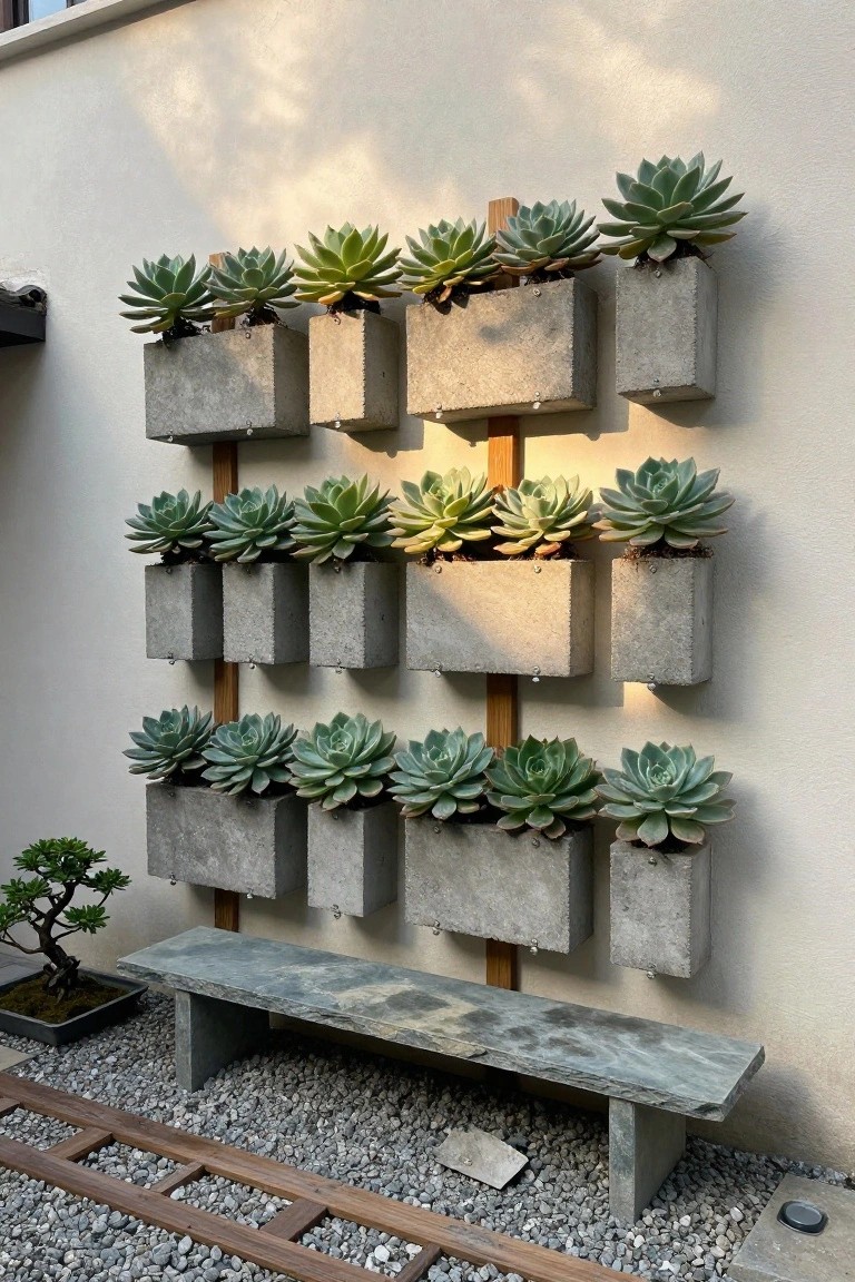 White stucco wall with grid of gray concrete box planters holding green echeveria succulents, wooden support beams, stone bench on gravel ground nearby with bonsai tree in pot.