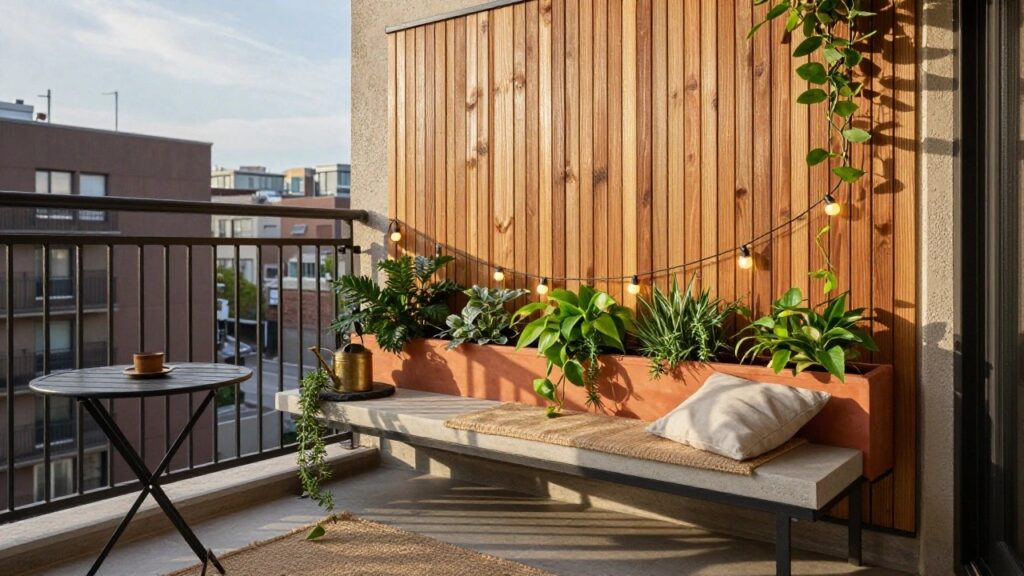 20 Modern Vertical Gardening Ideas for Tiny Spaces A balcony featuring a slatted wooden privacy screen with string lights, a black rectangular planter mounted on the metal railing filled with trailing green plants, a concrete bench with cushions, a small folding table, and a watering can.