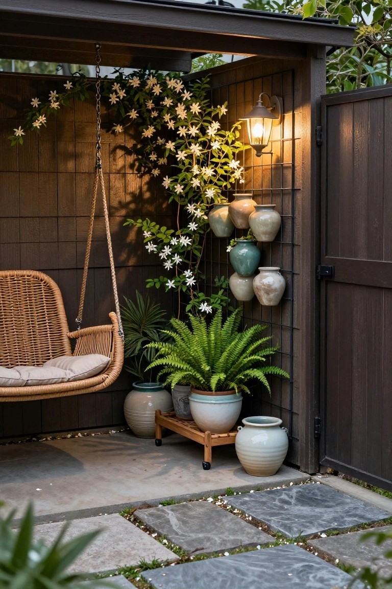 Wooden-walled outdoor seating nook with rattan hanging swing, metal wall rack holding multiple ceramic pots with plants, climbing white star-shaped flowers, potted ferns on wooden stand, wall lantern, and stone pavers.