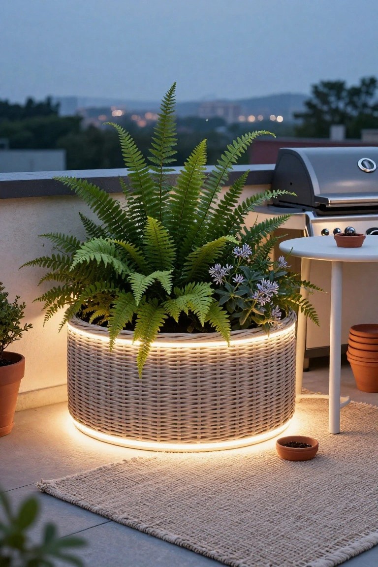A large round woven planter with a glowing base light holds ferns and small flowering plants on a balcony next to a grill and round table at dusk.