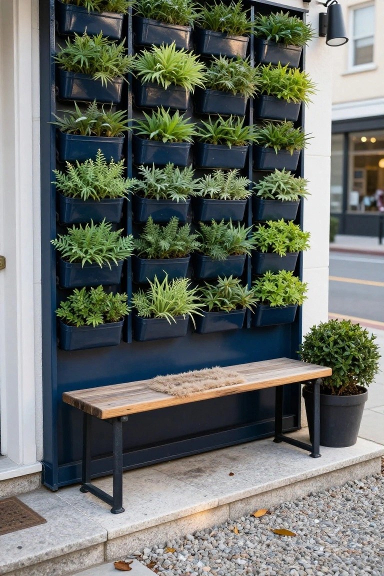 A dark blue exterior wall fitted with multiple rows of black rectangular planters holding assorted green plants, with a wooden bench positioned in front on a paved surface.