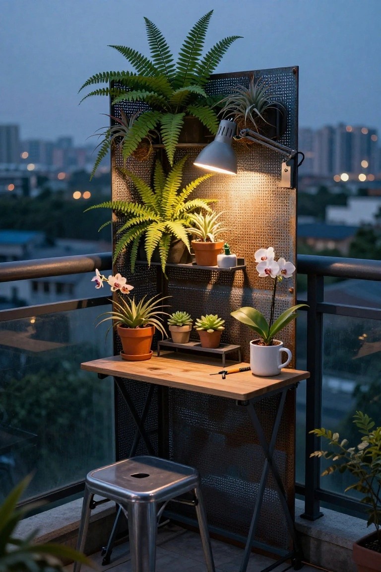 A wooden table and metal stool sit in front of a perforated metal panel covered with potted ferns, succulents, and orchids on a balcony at dusk.