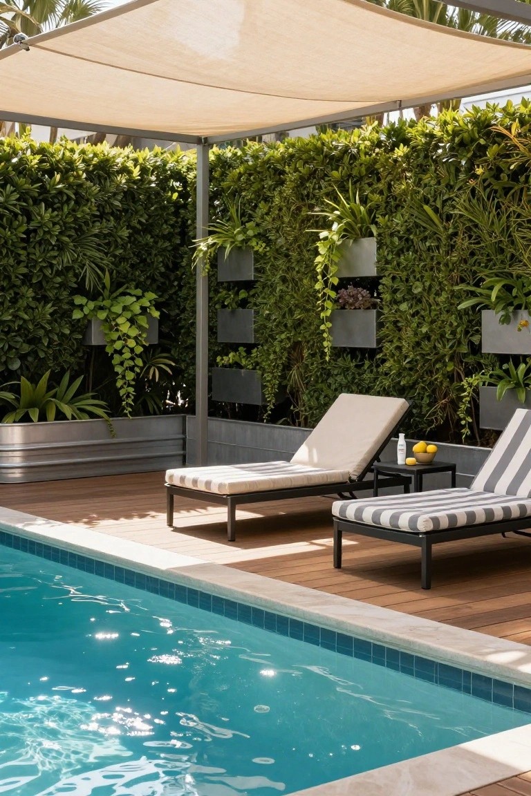 Poolside deck with two lounge chairs in beige and striped upholstery under a beige canopy, bordered by a tall vertical green wall in metal planters and next to a turquoise pool.