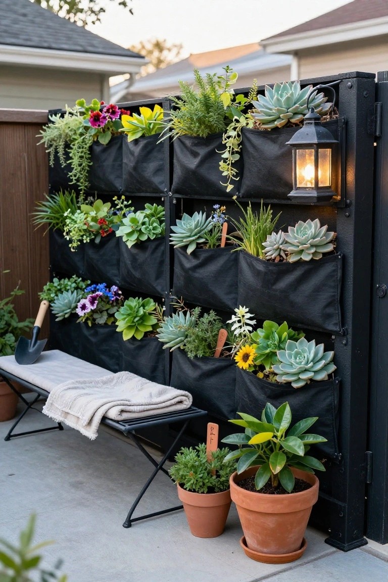 Black metal fence with multiple hanging black fabric pockets filled with succulents, flowers, herbs, and trailing plants, plus an attached lit lantern, a nearby bench, and ground-level potted plants on concrete.