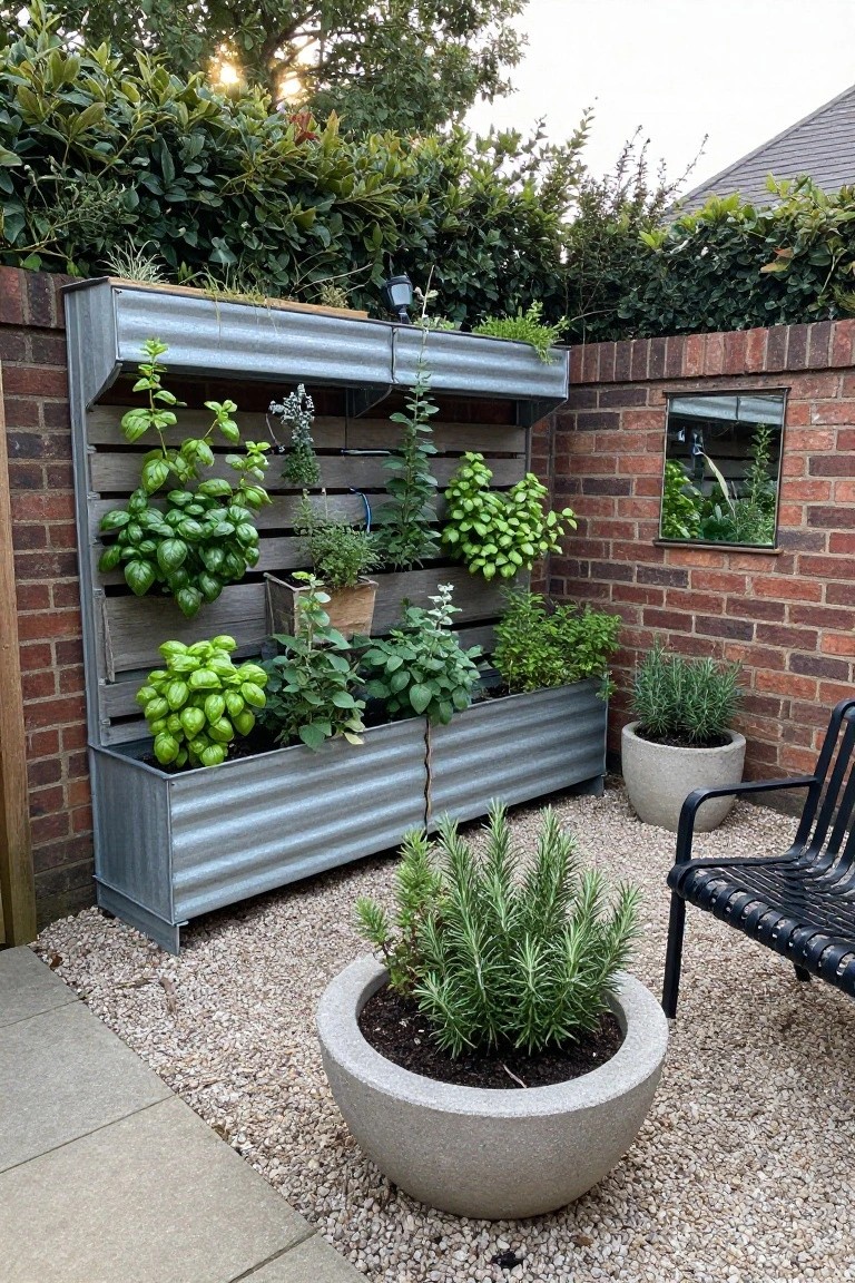 Vertical corrugated metal wall planter with multiple troughs and shelves holding herbs including basil, mint, and rosemary against a brick wall in a small gravel courtyard with potted rosemary plants and a black metal chair.