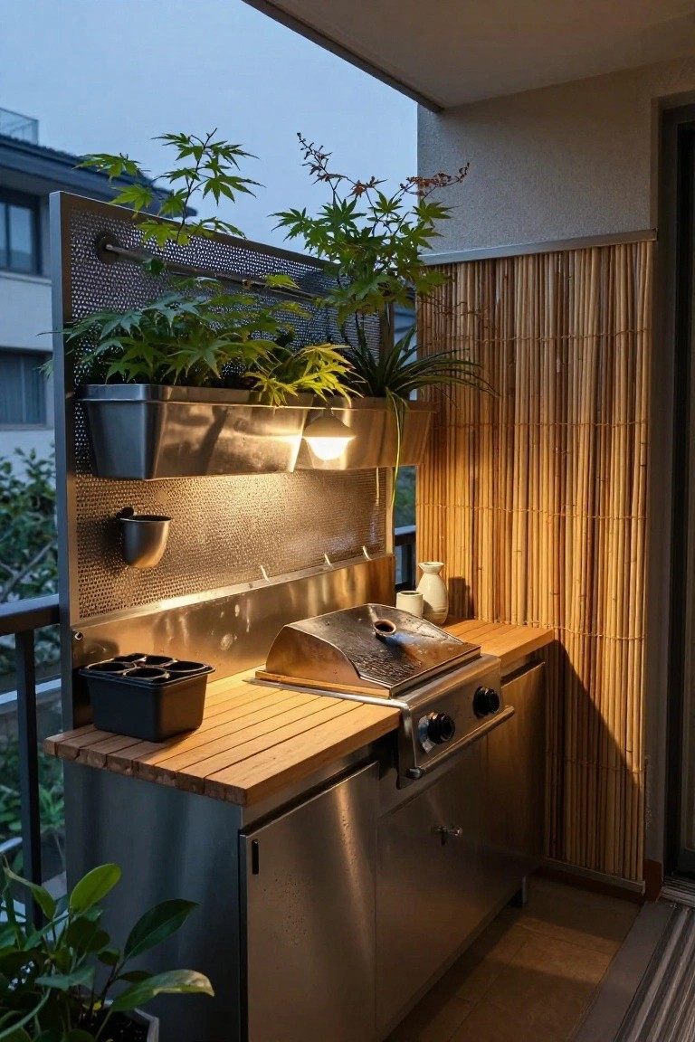 A compact balcony outdoor kitchen in stainless steel with gas grill and wooden counter, featuring multiple wall-mounted metal planters filled with broad-leafed green plants, a bamboo privacy screen, and additional potted greenery.