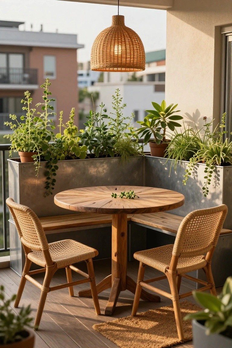 A small balcony corner with tall metal planters overflowing with green plants along the railing, a round wooden table with rattan chairs and bench in the center, hanging rattan lamp above, and potted plants on the wooden floor.