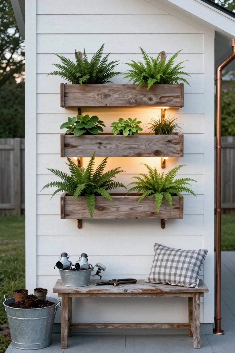White exterior wall of a shed with three stacked wooden planter boxes filled with ferns, succulents, and green plants, backlit with warm lights, copper downspout nearby, wooden bench with galvanized buckets, watering cans, tools, and plaid pillow in front.