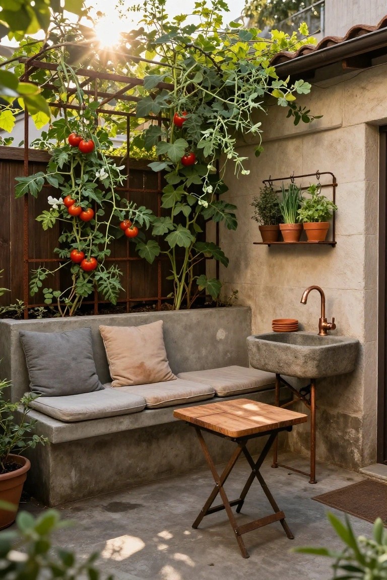 A compact outdoor patio with a concrete bench, folding wooden table, stone sink, and tomato vines climbing a metal trellis on the wall.