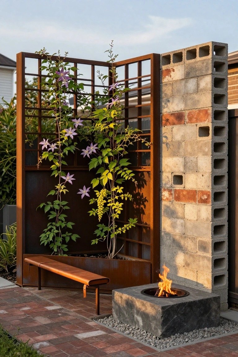 Backyard patio area with a tall rusted metal trellis screen covered in purple clematis flowers, green vines, and yellow blooms, next to a cinder block wall, wooden bench, black stone fire pit on brick pavers, and low plants.