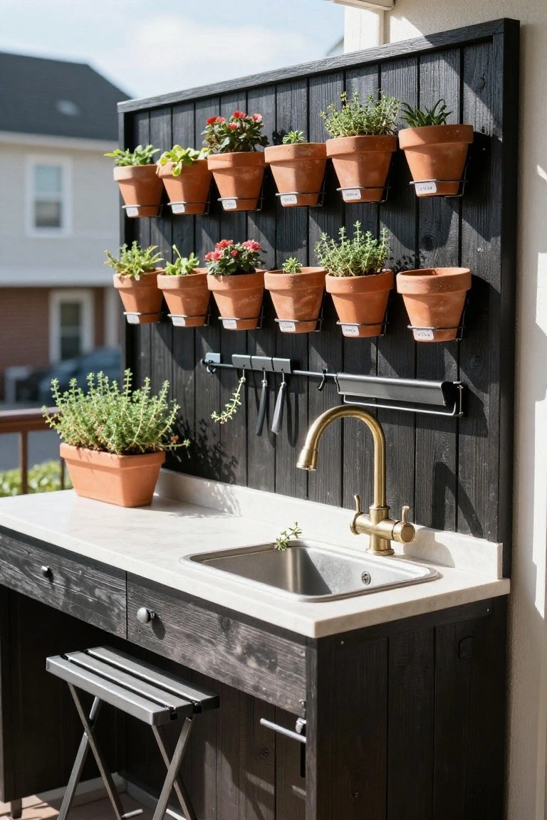 An outdoor workspace with a white countertop, stainless steel sink, and brass faucet, with multiple terracotta pots mounted in rows on a dark wooden wall.