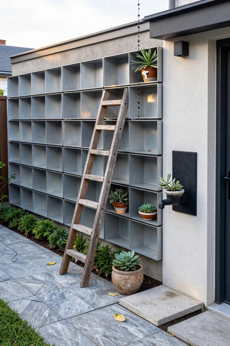Gray modular metal shelving unit mounted vertically on an outdoor wall as planters holding potted succulents, with a wooden ladder leaning against it, ground plants nearby, and a house door adjacent on a paved path.