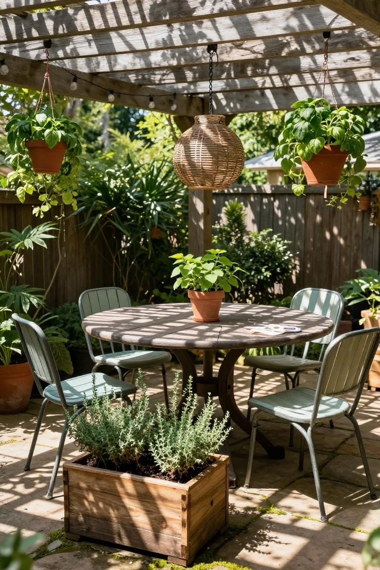 Wooden round table with four green metal chairs under a pergola-covered patio, surrounded by potted herbs including basil and rosemary, with hanging plants and garden greenery in the background.
