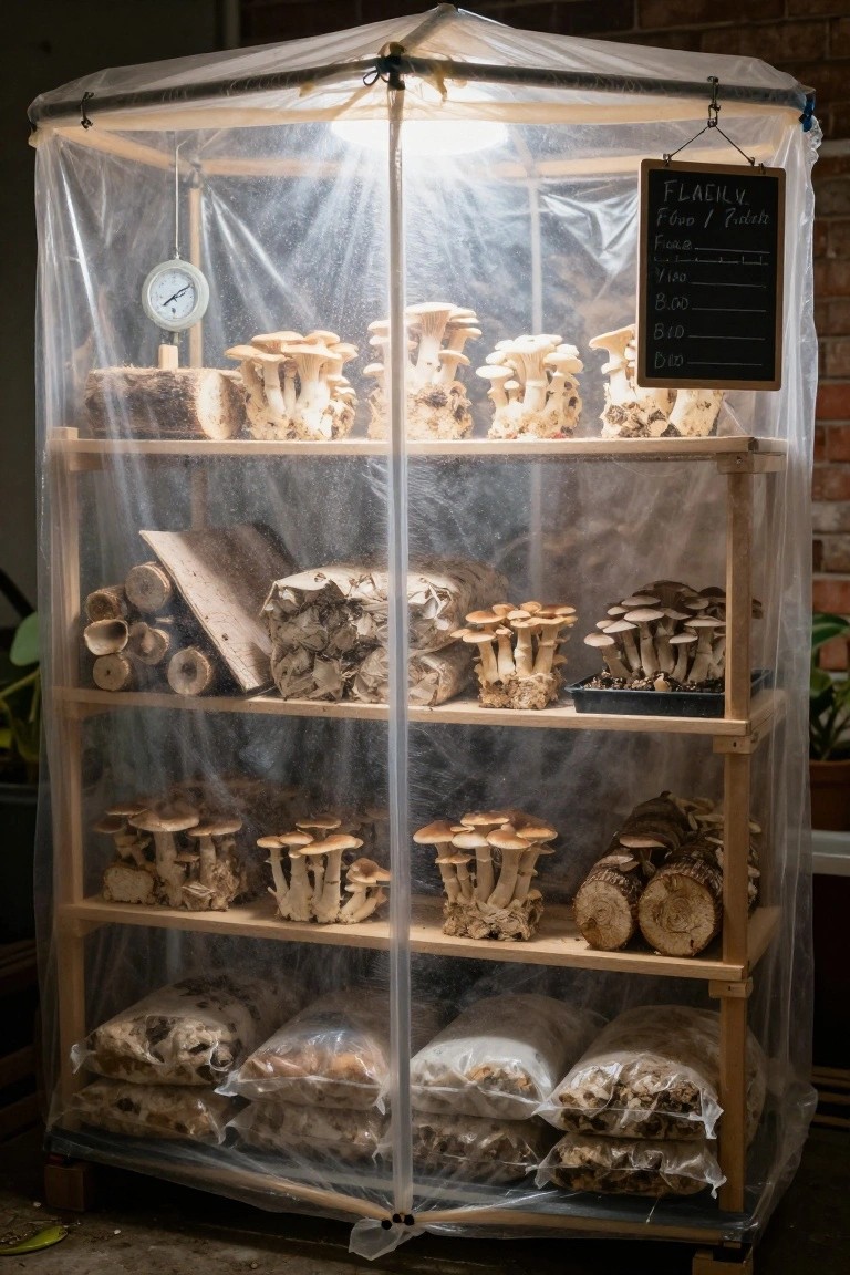 Plastic-covered wooden shelving unit with mushrooms growing on logs, substrate bags, cardboard stacks, and trays, including a chalkboard price sign labeled in French and a hanging thermometer.