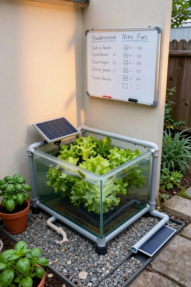A backyard hydroponic system with a glass tank of growing lettuce framed in PVC pipes, topped with a solar panel, beside potted basil plants and a whiteboard checklist on a beige wall.