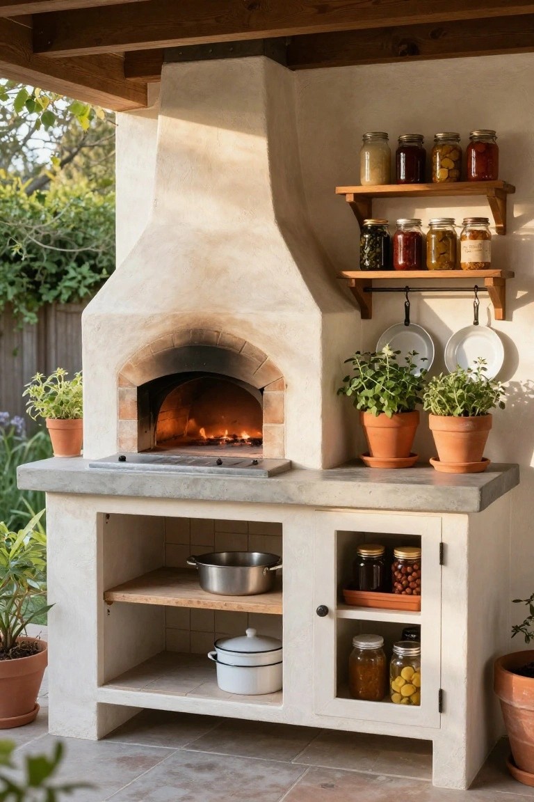Rustic stucco wood-fired pizza oven with glowing fire inside, integrated into a concrete countertop with white cabinets, wooden shelves holding jars of preserves and cookware, potted herbs on sides, under a wooden-beamed patio cover in a backyard garden.