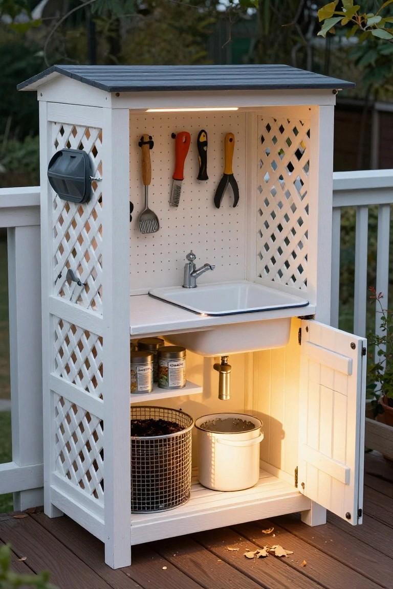 White wooden garden shed with lattice sides on a deck, open cabinet door showing sink, storage cans, buckets, and pegboard tools inside under warm lighting.