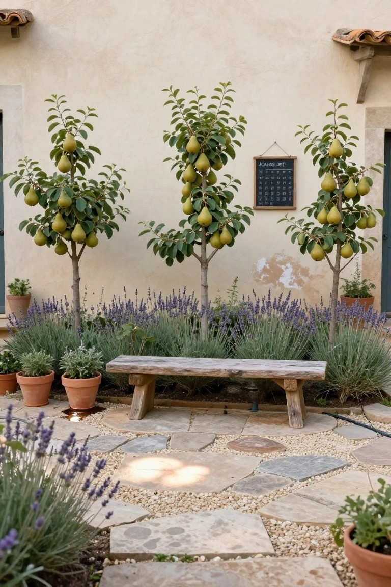 Three espaliered pear trees with green pears growing flat against a beige stucco wall, surrounded by lavender plants, a wooden bench, terracotta pots, and a pebble stone path in a courtyard garden.