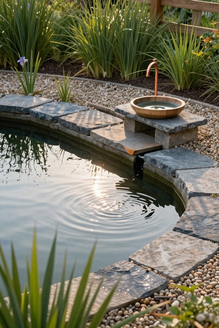 Small oval pond with dark rippling water, edged by irregular gray stone slabs on a gravel surround with tall green grasses and a copper faucet feeding a wooden bowl basin on a stone platform.