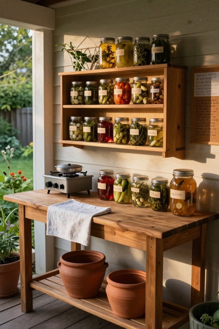Covered outdoor wooden structure with multi-tiered oak shelves holding numerous labeled mason jars of preserved vegetables and fruits, a wooden workbench with camp stove and jars below, potted plants, and garden view.