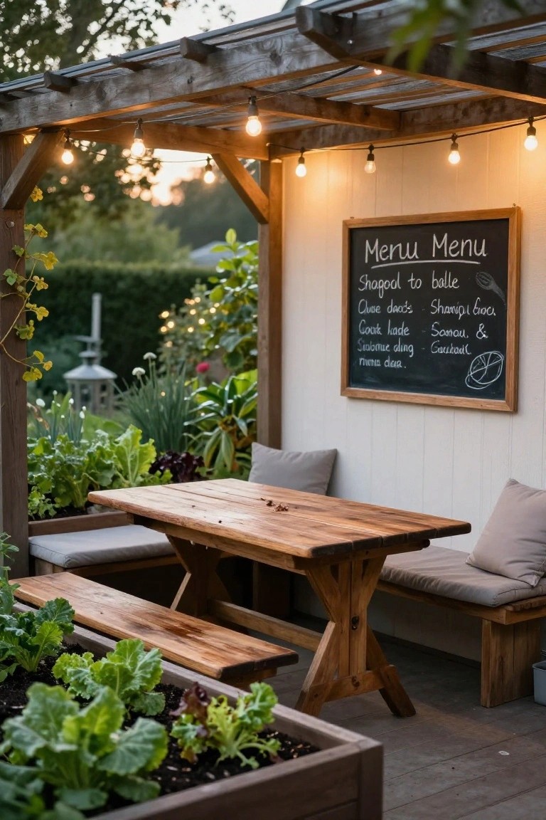 Wooden pergola over a backyard deck with string lights, rustic farm table and benches, adjacent raised garden beds growing vegetables, and a chalkboard menu on the wall.