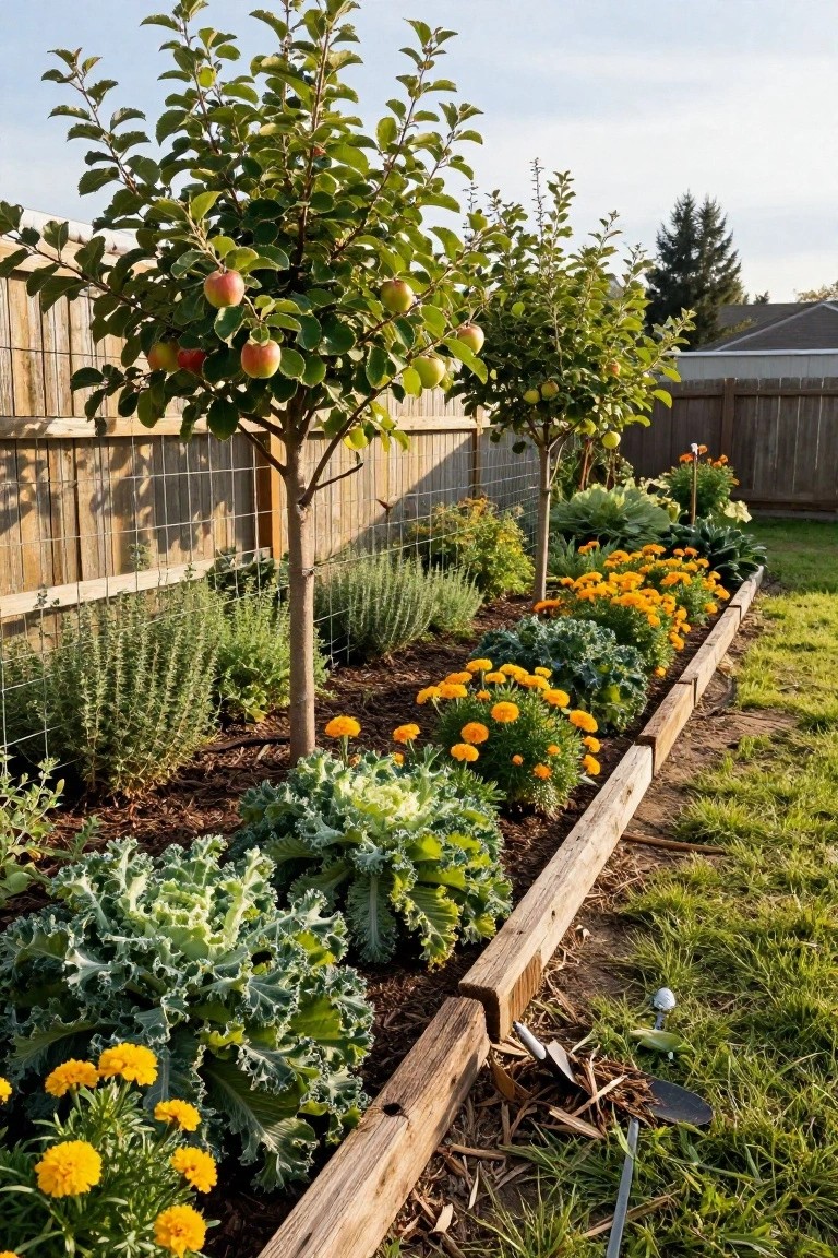Backyard raised wooden garden beds along a fence, planted with dwarf apple trees bearing red apples, kale, marigolds, herbs, and other flowers, with garden tools nearby on the grass.