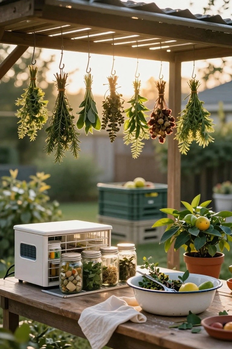 Wooden table under a backyard pergola holding jars of preserved foods, a white dehydrator, and a bowl of greens, with bundles of drying herbs hanging from hooks above and potted plants nearby.