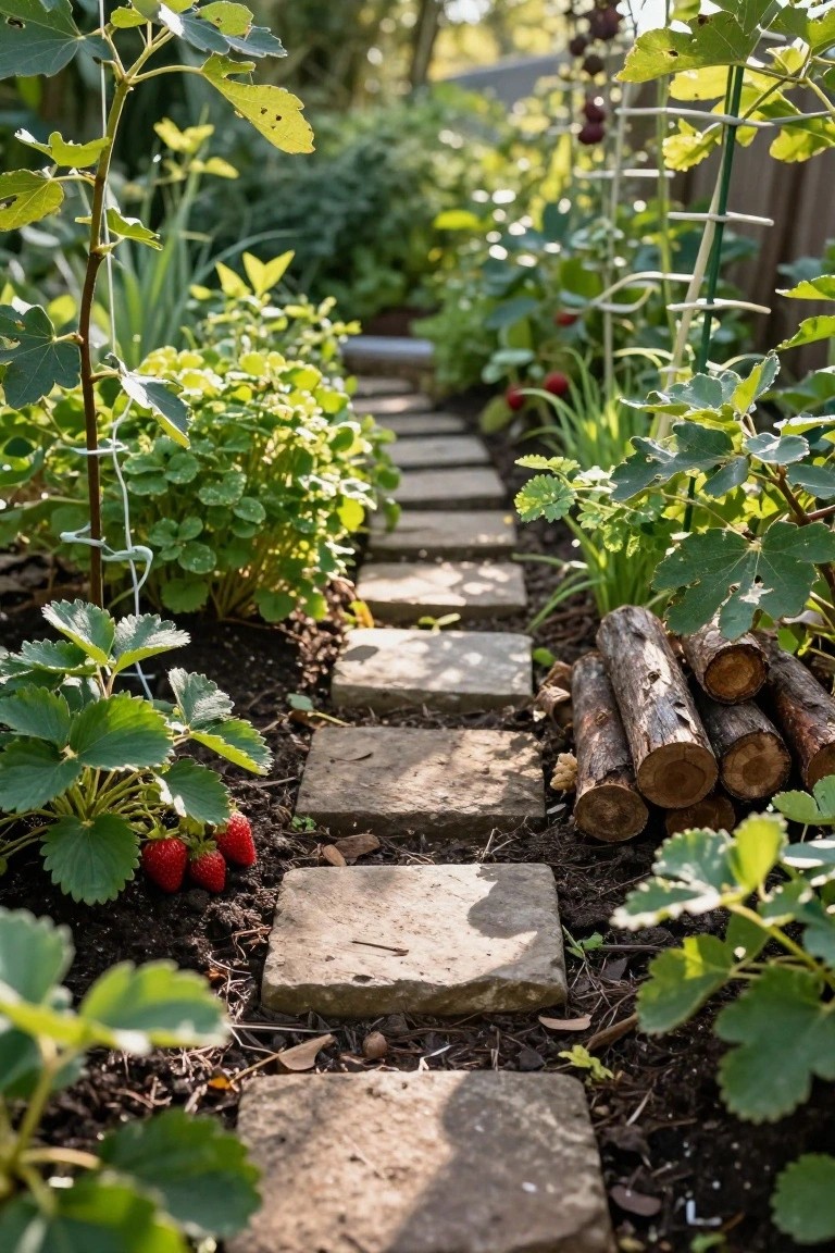 A winding garden path of irregular gray stone stepping stones runs through dense green foliage, strawberry plants with red berries, and stacked wood logs in a backyard setting.