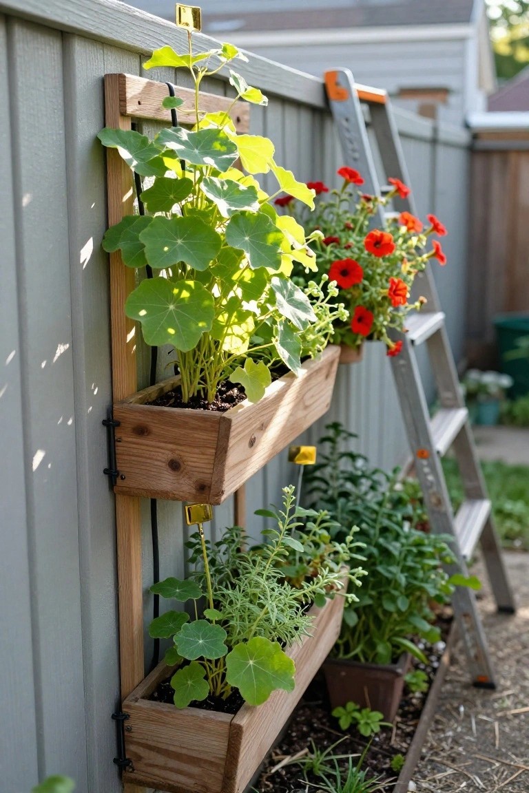 Wooden planters mounted vertically on a gray wooden fence, filled with green leafy plants like nasturtium vines, red geranium flowers, and assorted herbs, with a ladder leaning nearby and ground plants at the base.