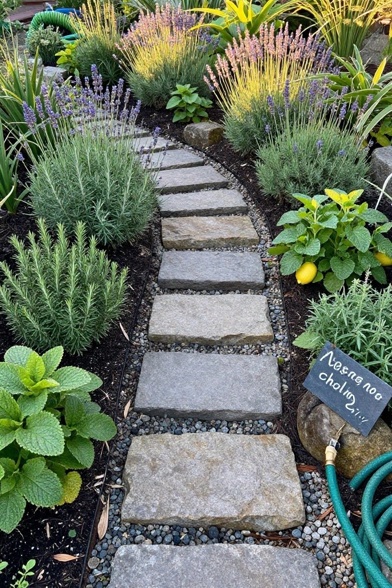 Curved gray stone stepping stone path winds through a backyard herb garden with lavender, rosemary, mint, lemon balm plants labeled Melissa cholbo, bordered by dark mulch and gravel, green hose nearby.