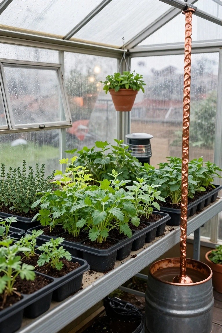 Greenhouse interior with black trays of young green herb seedlings on metal shelves, a long twisted copper chain hanging from the roof into a gray metal barrel, hanging potted plants, and rainy view through glass panels.