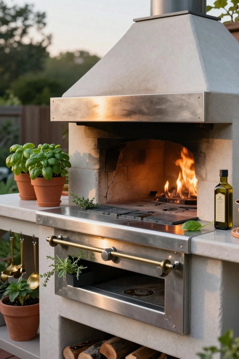 Stone-built outdoor pizza oven with fire burning inside, stainless steel cooktop drawer, potted basil plants, herb sprigs, olive oil bottle, utensils, and firewood stack on concrete counter in garden setting.
