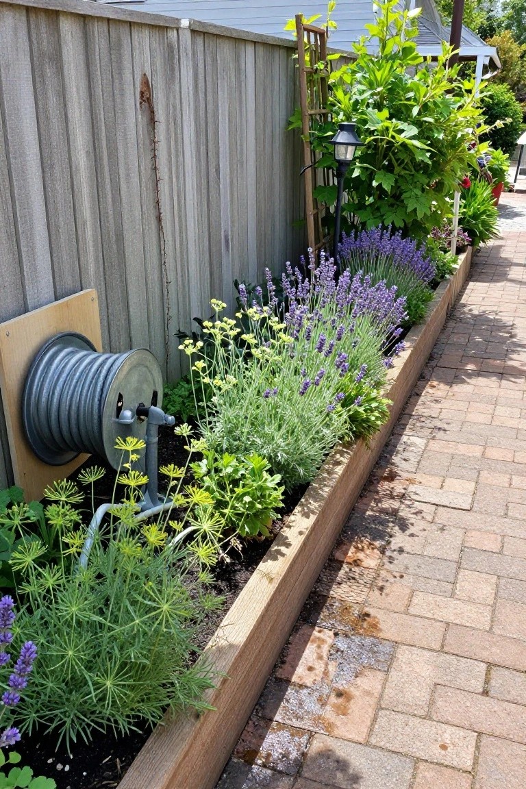 Narrow wooden raised garden bed along a brick pathway filled with lavender plants, green herbs, yellow flowers, and a mounted metal hose reel next to a wooden fence.
