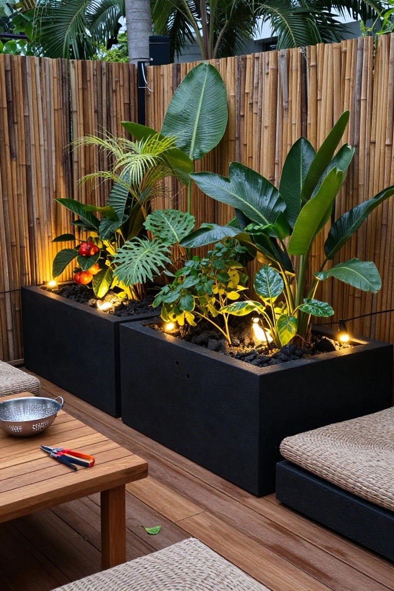 Two large black rectangular planters on a wooden deck filled with tomato plants, tropical foliage, and uplights, next to a wooden table with a metal colander and pruning shears, surrounded by bamboo fencing and palms.