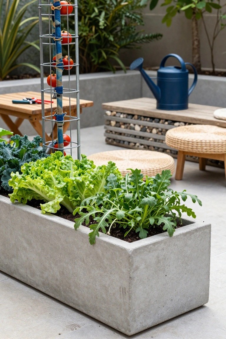 Patio with a long gray concrete planter box containing kale, lettuce, and arugula plants, a metal trellis supporting tomatoes, a blue watering can on a wooden table, rattan stools, and surrounding greenery.