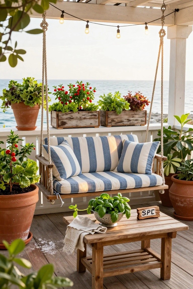 Porch swing with blue and white striped cushions hanging from ropes on a wooden deck, surrounded by terracotta pots and wooden planters of vegetables and herbs including tomatoes and basil, with a small wooden table and ocean view in background.
