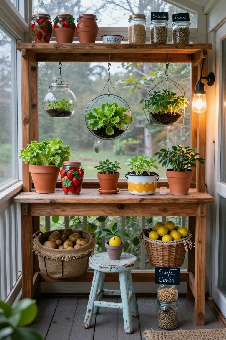 Wooden shelving unit on a screened porch holding potted lettuce, herbs, and other plants, hanging glass jars with strawberries and greens, baskets of potatoes and lemons, and jars of grains on a porch deck with a stool nearby.