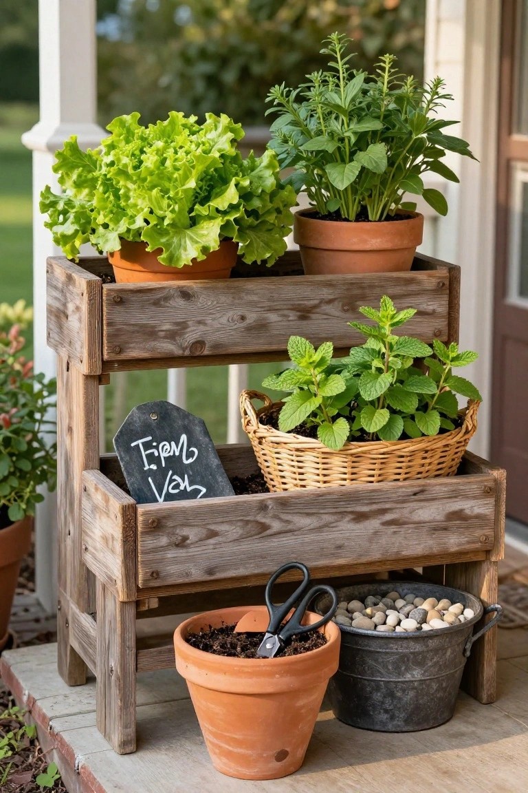 Rustic wooden two-tier planter stand on a porch step holding potted lettuce, a basket of mint, labeled thyme box, additional terracotta pots with soil, pruning shears, and a metal bucket of pebbles, with white porch columns and door nearby.