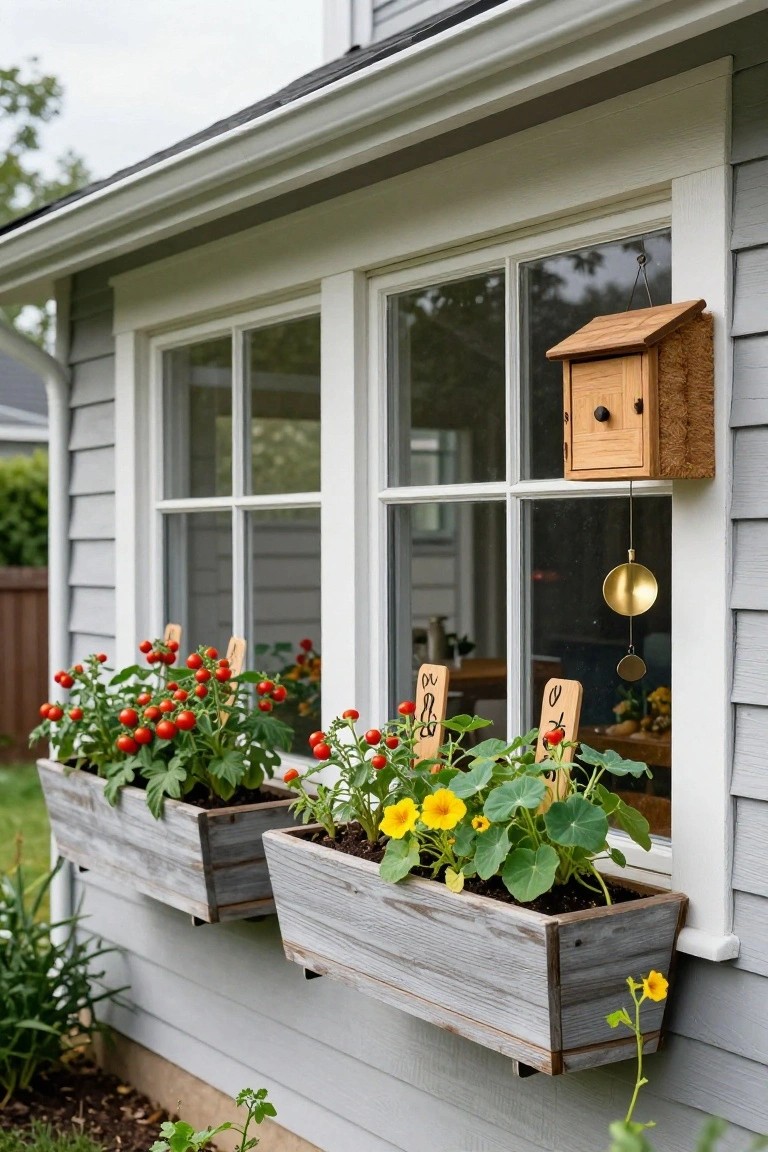 Gray shingled house exterior wall with two attached weathered wooden window boxes under double-pane windows, left box containing cherry tomato plants with red fruit and plant labels, right box with yellow nasturtium flowers and pumpkin vine, wooden birdhouse and brass wind chime mounted nearby.