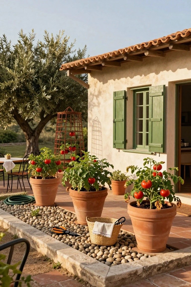 Patio edged in pebbles and stones with large terracotta pots of tomato plants, one supported by a tall metal cage obelisk, near a house with green shutters, olive tree, and outdoor chairs.