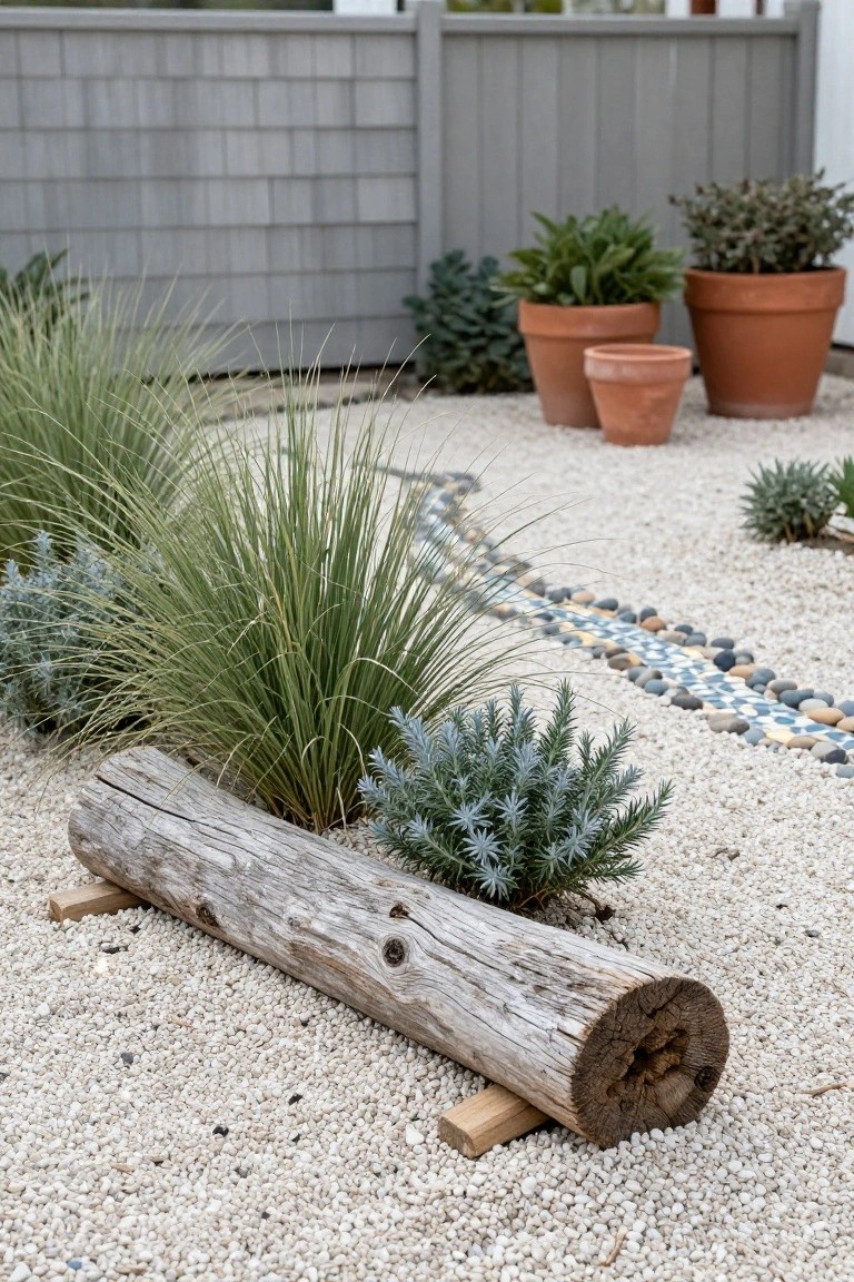 A weathered horizontal log used as a planter filled with grasses and silver-leafed shrubs, placed on white gravel ground with a curved path of mixed pebbles and tiles, terracotta pots, and drought-tolerant plants nearby against a gray shingled fence.