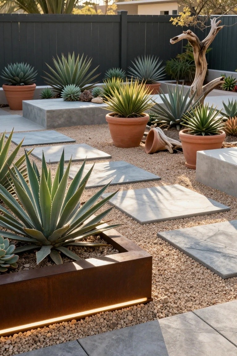 Outdoor succulent garden with agave plants in terracotta pots and a rusted metal planter box, gravel mulch, concrete blocks, stone pavers, and driftwood accents against a dark fence.