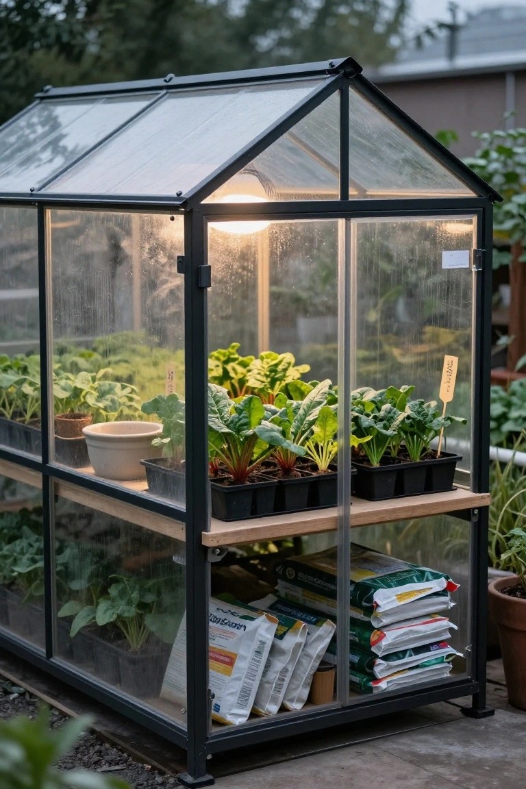 Small metal-framed greenhouse with glass panels outdoors, containing potted vegetable seedlings on wooden shelves, soil bags stored below, and a lit grow bulb inside.