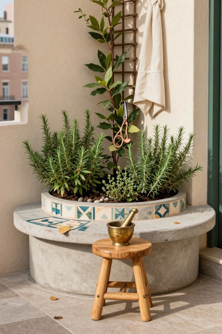 Large round planter with blue and white tiles filled with rosemary, bay laurel, and other herbs on a concrete balcony ledge, wooden stool beside it, brass mortar and pestle on the ledge, white wall with trellis and hanging towel in background.